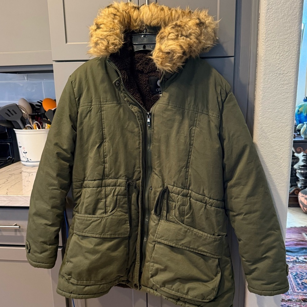 Cherfly Olive Green Faux Fur Hood Puffer Parka Coat 2XL Warm Winter Jacket